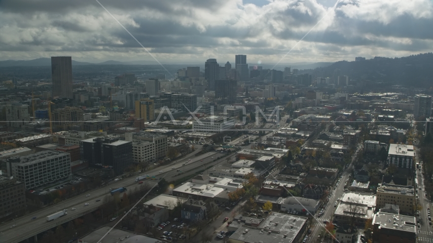 I-405 and Downtown Portland skyscrapers in Oregon Aerial Stock Photos AX153_068.0000354F