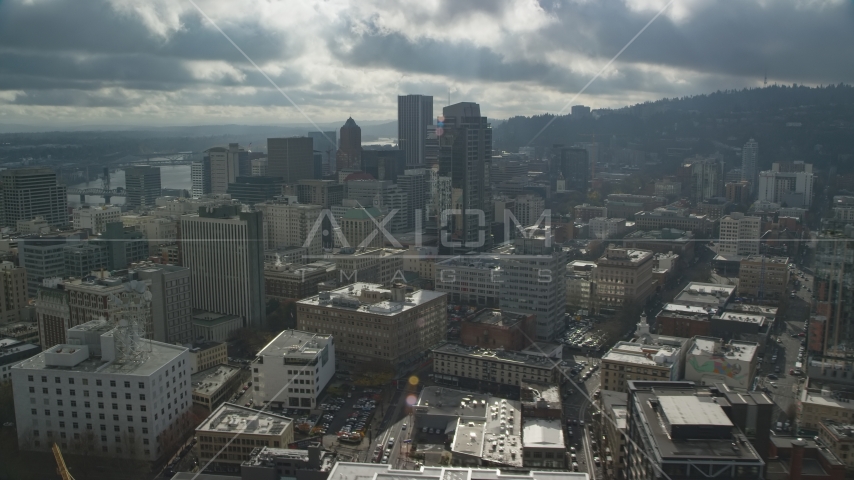 High-rises and skyscrapers in Downtown Portland, Oregon Aerial Stock Photo AX153_070.0000137F | Axiom Images