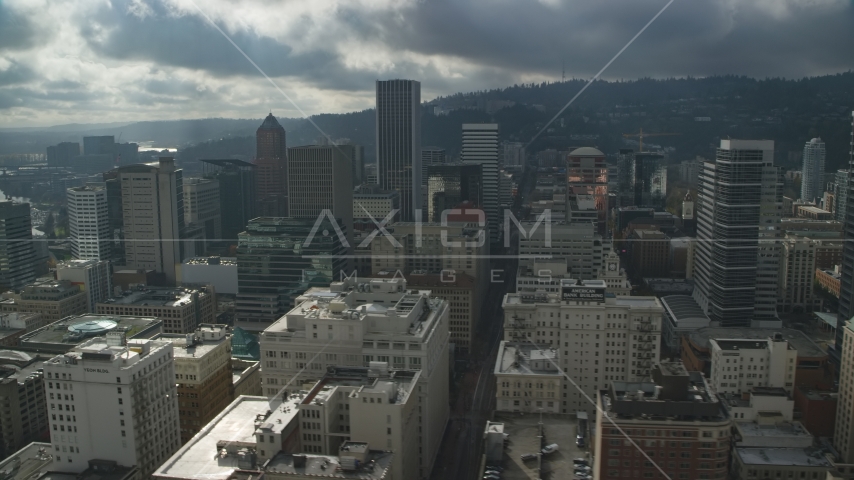 Wells Fargo Center and tall skyscrapers in Downtown Portland, Oregon Aerial Stock Photos AX153_071.0000053F