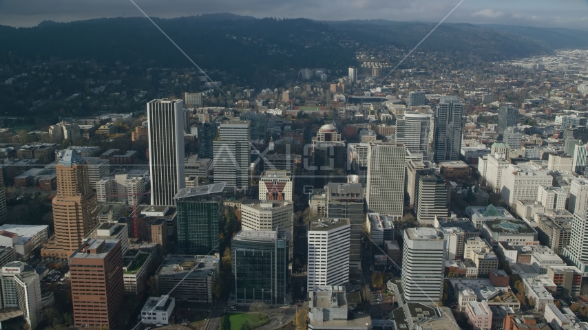 A view of Downtown Portland's skyscrapers in Oregon Aerial Stock Photos AX153_084.0000230F | Axiom Images