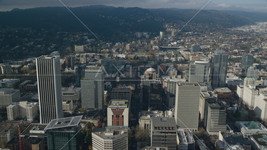 Downtown Portland's high-rises in Oregon Aerial Stock Photos AX153_084.0000353F