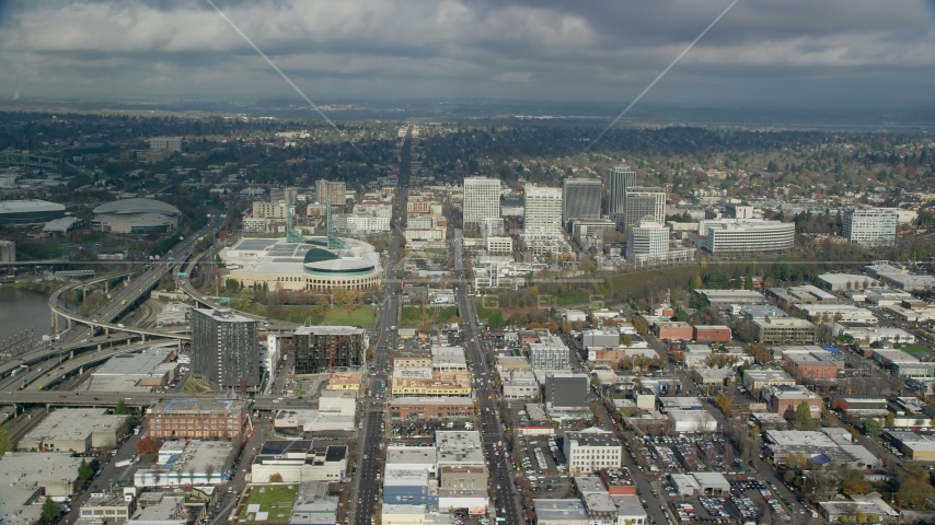 The Oregon Convention Center and a group of office buildings in Lloyd District, Portland, Oregon Aerial Stock Photos AX153_101.0000000F