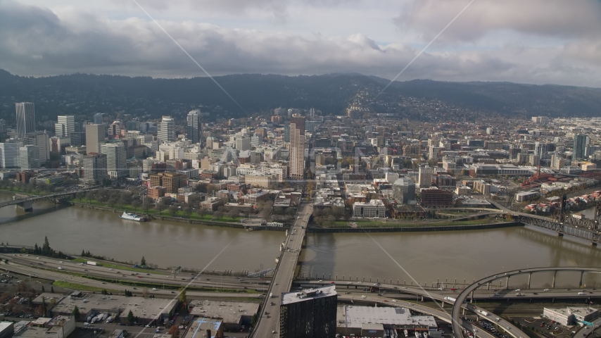 The Burnside Bridge leading to Downtown Portland, Oregon Aerial Stock Photos AX153_104.0000287F