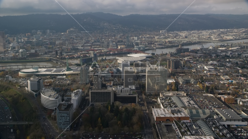 Convention center and office buildings near Moda Center and the Willamette River, Portland, Oregon Aerial Stock Photos AX153_111.0000000F | Axiom Images