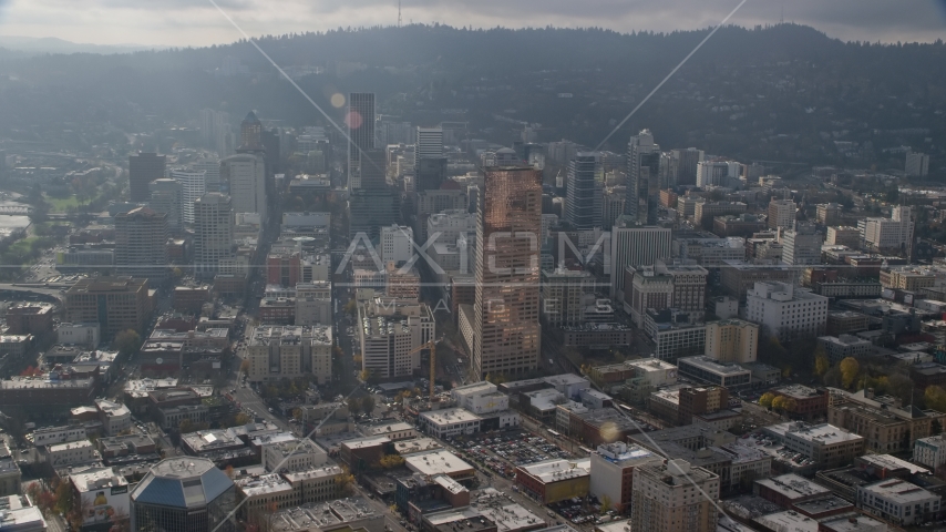 The US Bancorp Tower and skyscrapers in Downtown Portland, Oregon Aerial Stock Photos AX153_115.0000252F | Axiom Images