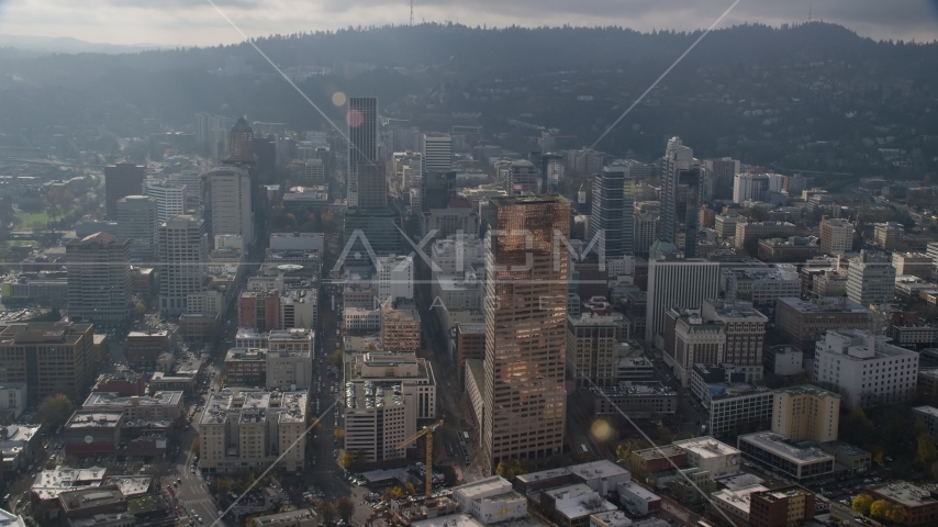 US Bancorp Tower and high-rises in Downtown Portland, Oregon Aerial Stock Photos AX153_115.0000339F