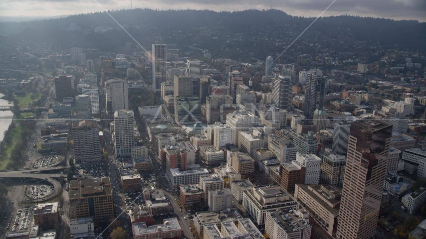 Skyscrapers and high-rises in Downtown Portland, Oregon Aerial Stock Photos AX153_123.0000338F
