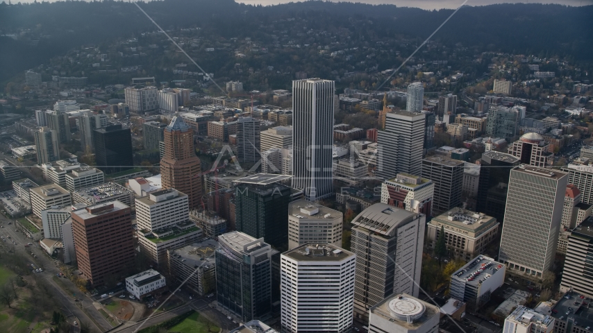 A view of KOIN Center, Wells Fargo Center, and high-rises in Downtown Portland, Oregon Aerial Stock Photos AX153_125.0000231F