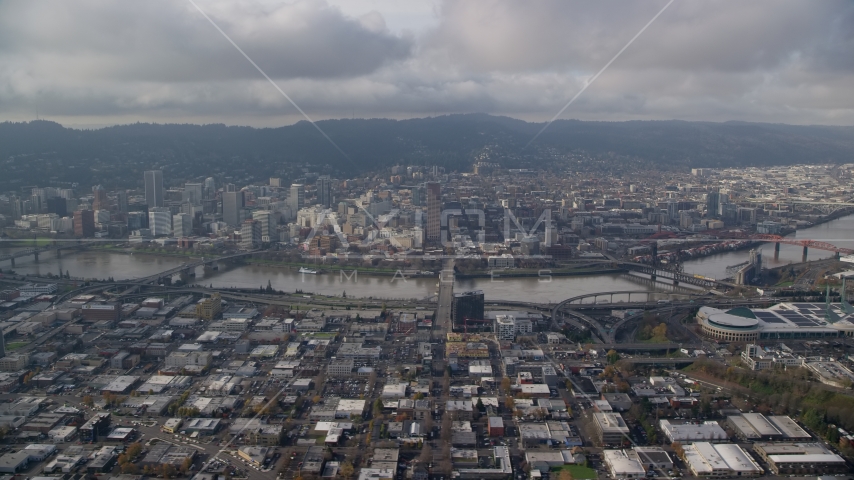View of bridges on the Willamette River and Downtown Portland, Oregon Aerial Stock Photos AX153_128.0000263F