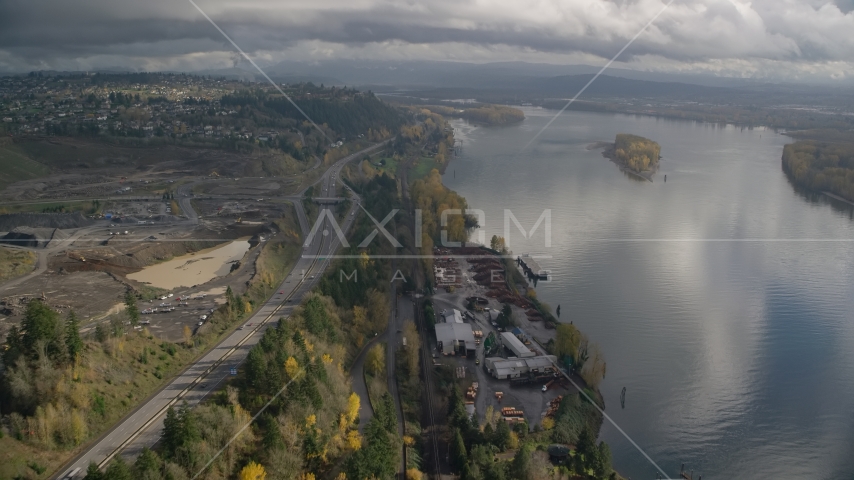 A lumber mill on the Columbia River near Highway 14, Camas and Vancouver, Washington Aerial Stock Photos AX153_145.0000185F