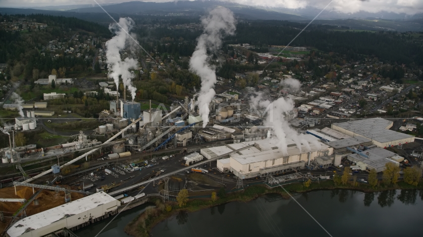 Steam rising from the Georgia Pacific Paper Mill in Camas, Washington Aerial Stock Photo AX153_152.0000265F | Axiom Images