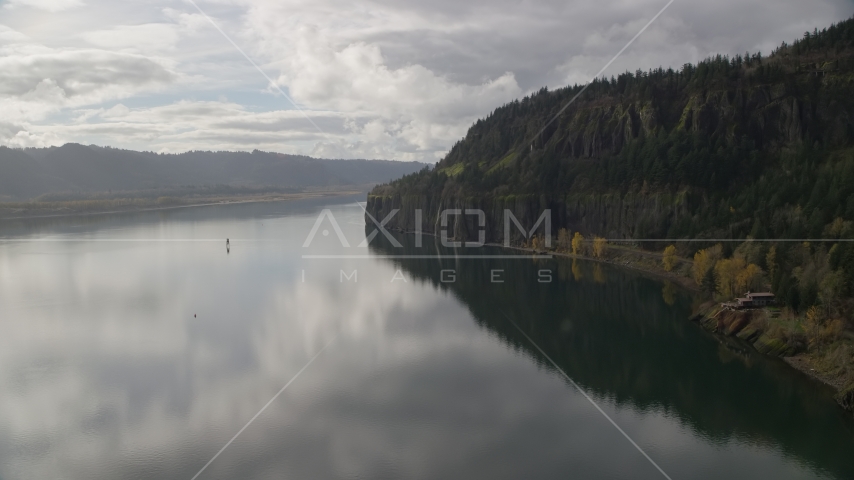Isolated home beside the river in Columbia River Gorge, Washington Aerial Stock Photos AX154_008.0000000F