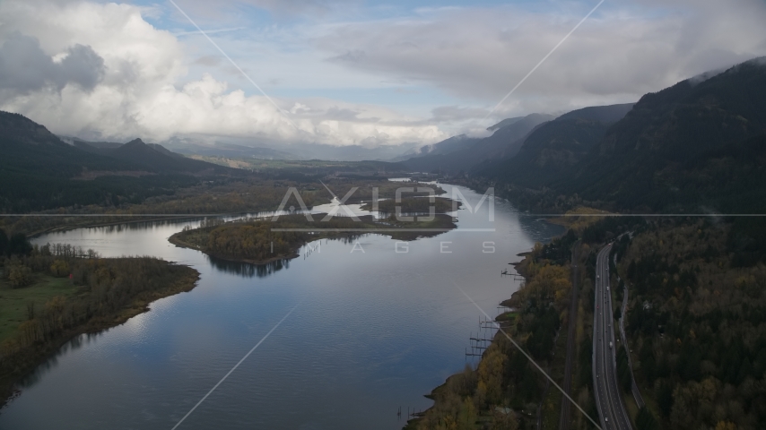 I-84 and islands in the Columbia River Gorge Aerial Stock Photos AX154_025.0000144F