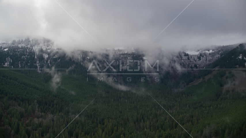 Mountains with at the end of a canyon with evergreens in Cascade Range, Hood River County, Oregon Aerial Stock Photos AX154_057.0000216F