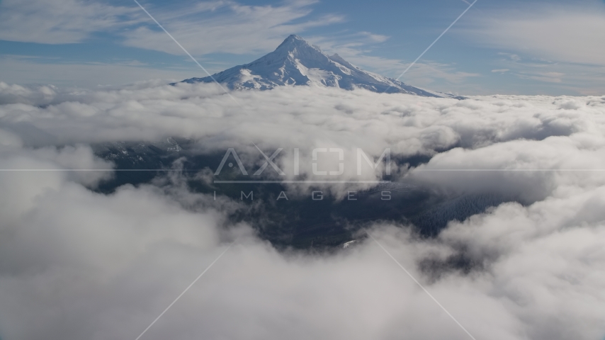 The Mount Hood summit with snow and clouds, Cascade Range, Oregon Aerial Stock Photos AX154_067.0000251F