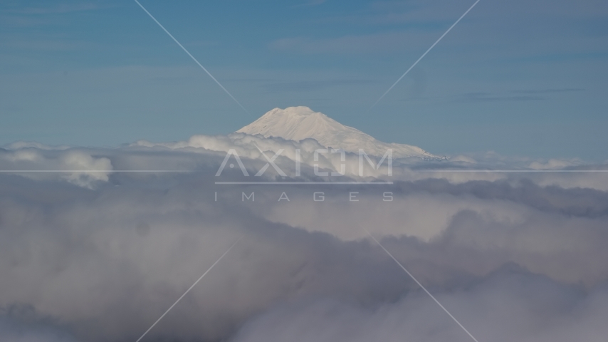 Mt Adams' snowy summit in the distance and low cloud cover, Cascade Range, Oregon Aerial Stock Photos AX154_069.0000000F