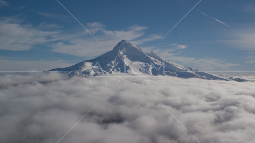 The summit of Mount Hood with snow and low clouds, Mount Hood, Cascade Range, Oregon Aerial Stock Photos AX154_070.0000000F