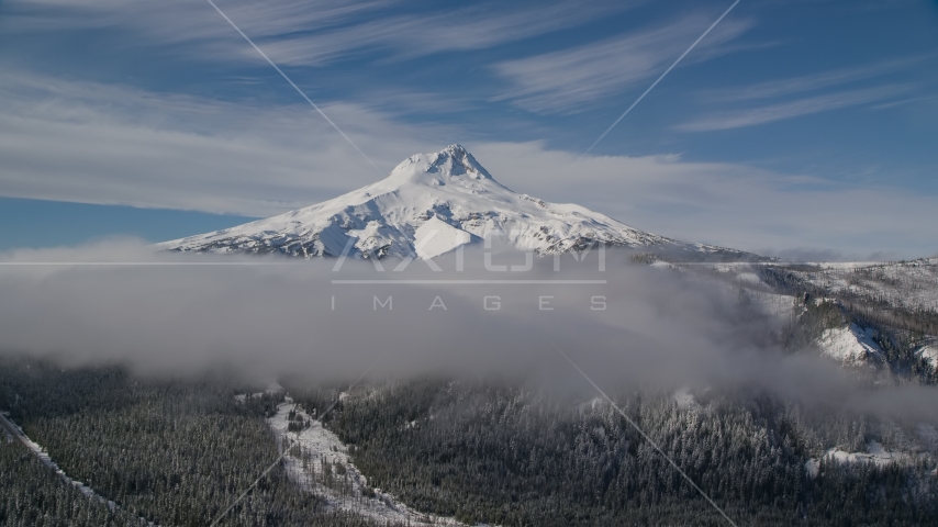 Low clouds over forest at the base of snow-capped Mount Hood, Cascade Range, Oregon Aerial Stock Photos AX154_120.0000225F