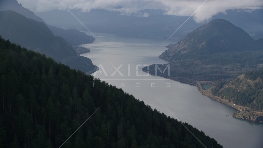 An evergreen forest mountain overlooking the Columbia River Gorge, Hood River County, Oregon Aerial Stock Photos AX154_154.0000255F