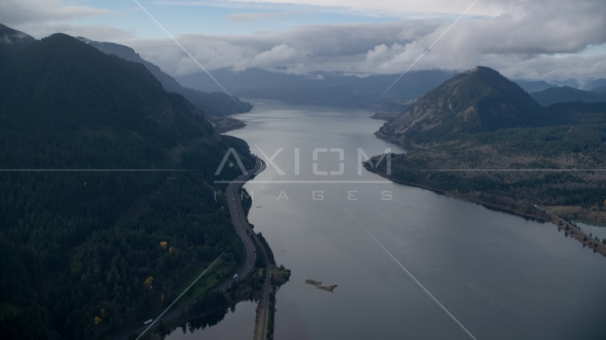 The Columbia River and the I-84 highway in Columbia River Gorge Aerial Stock Photos AX154_157.0000279F
