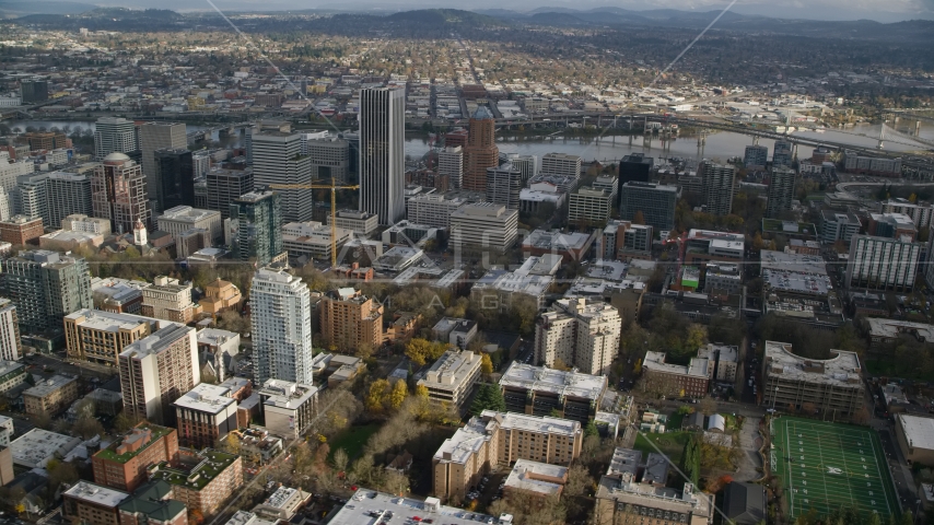 Skyscrapers and city buildings in Downtown Portland, Oregon Aerial Stock Photo AX154_231.0000315F | Axiom Images