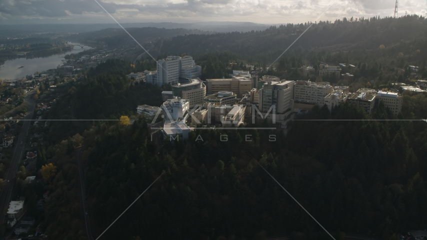 The Oregon Health and Science University complex in the hills over Portland, Oregon Aerial Stock Photo AX154_247.0000166F | Axiom Images