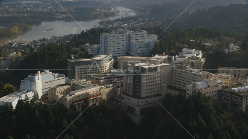 Oregon Health and Science University hospital complex in the hills over Portland, Oregon Aerial Stock Photo AX154_248.0000000F | Axiom Images