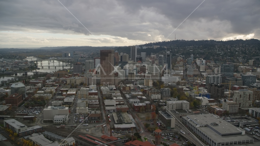 Skyscrapers, downtown buildings, and US Bancorp Tower near the Willamette River in Downtown Portland, Oregon Aerial Stock Photo AX155_054.0000000F | Axiom Images