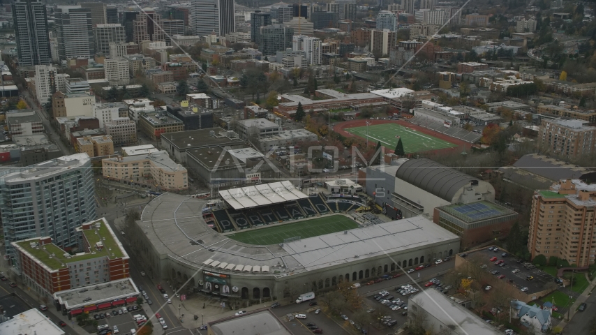 Providence Park in Goose Hollow, Portland, Oregon Aerial Stock Photo AX155_057.0000007F | Axiom Images