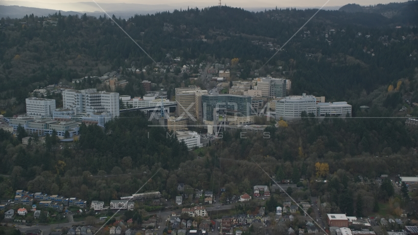 Oregon Health and Science University in the hills over Portland, Oregon Aerial Stock Photo AX155_079.0000207F | Axiom Images