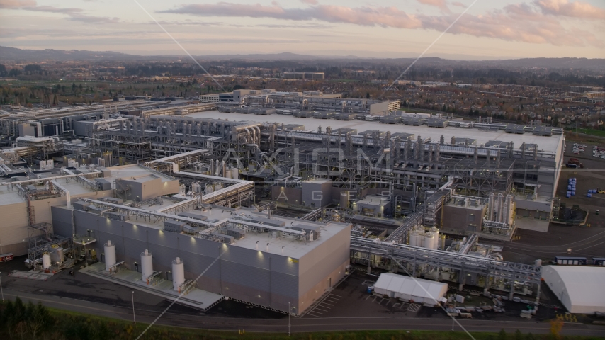 Intel Ronler Acres Campus at sunset, in Hillsboro, Oregon Aerial Stock Photo AX155_132.0000077F | Axiom Images