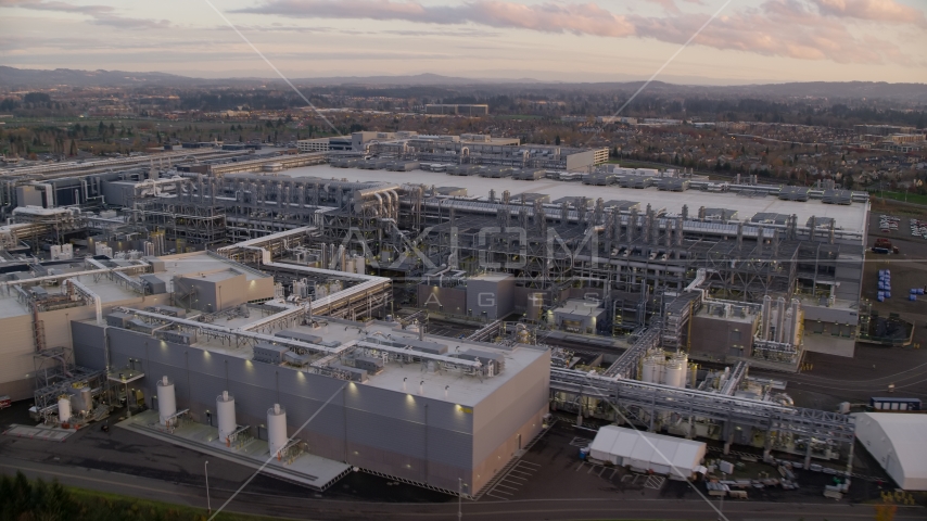 Intel Ronler Acres Campus at sunset, in Hillsboro, Oregon Aerial Stock Photo AX155_132.0000082F | Axiom Images