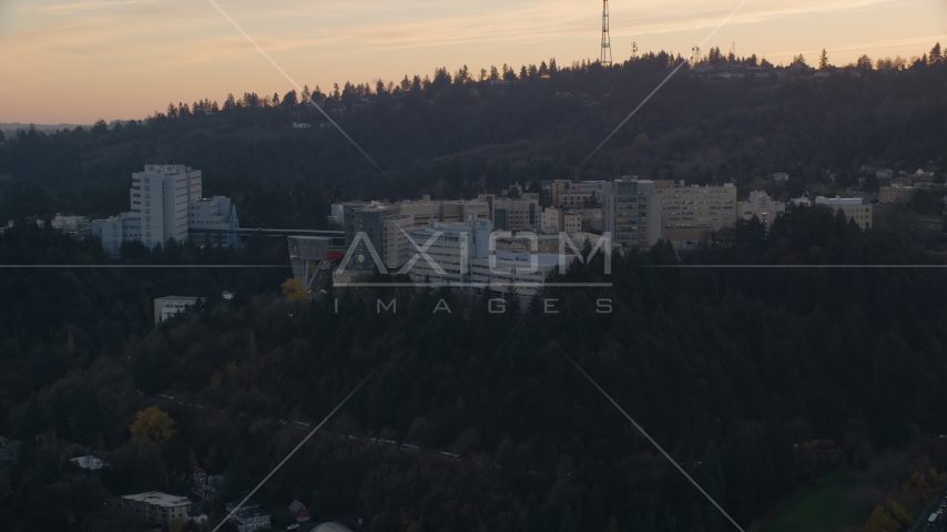 The Oregon Health and Science University in Portland, Oregon, sunset Aerial Stock Photo AX155_167.0000120F | Axiom Images