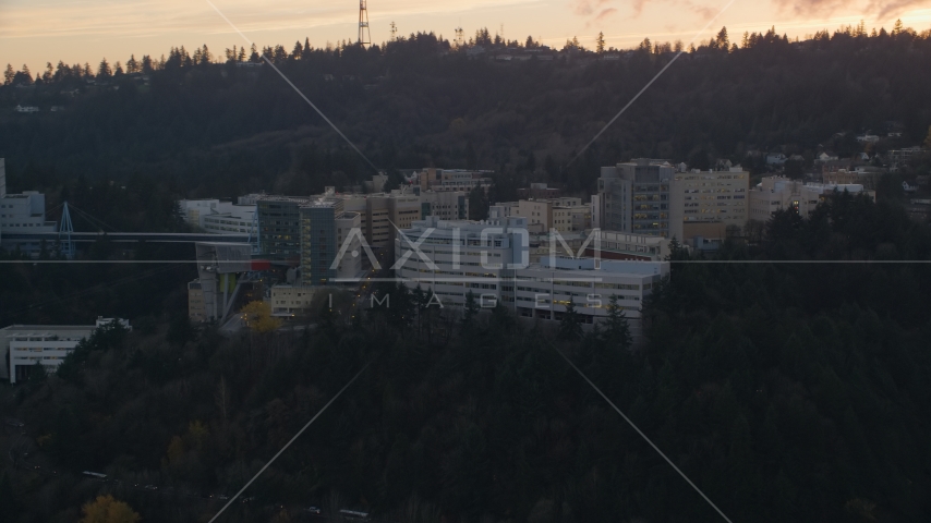 The Oregon Health and Science University in Portland, Oregon, sunset Aerial Stock Photo AX155_167.0000267F | Axiom Images