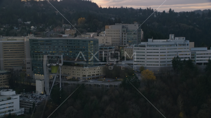 Oregon Health and Science University in Portland, Oregon, sunset Aerial Stock Photo AX155_168.0000265F | Axiom Images