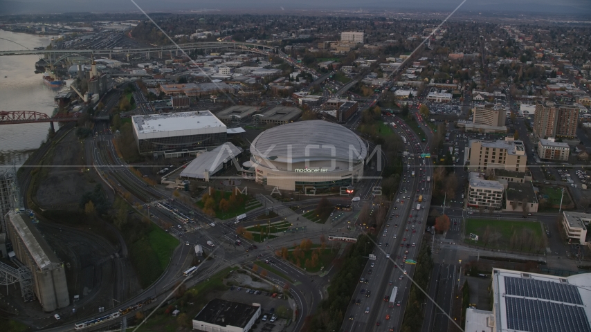 Light traffic on I-5 to Veterans Memorial Colosseum and Moda Center in Lloyd District, Portland, Oregon, sunset Aerial Stock Photo AX155_175.0000250F | Axiom Images