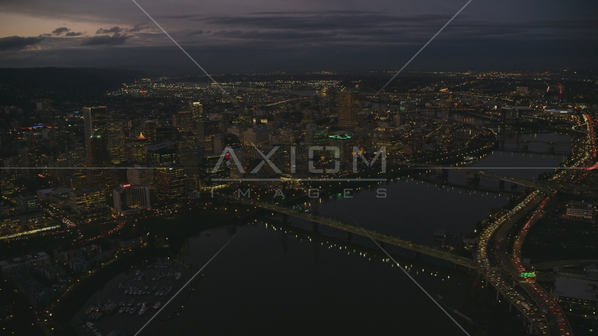 Downtown Portland's cityscape beside the Willamette River at sunset, Oregon Aerial Stock Photos AX155_268.0000248F