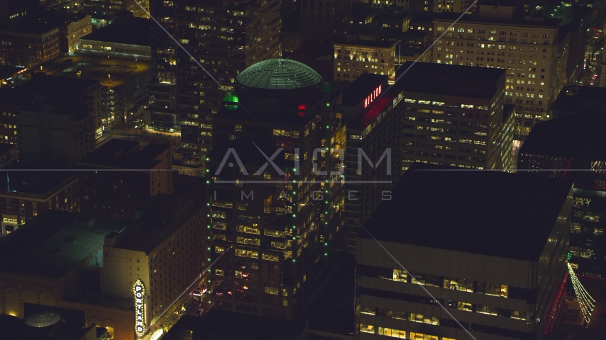 1000 Broadway building and Hilton Portland at night in Downtown Portland, Oregon Aerial Stock Photo AX155_378.0000030F | Axiom Images