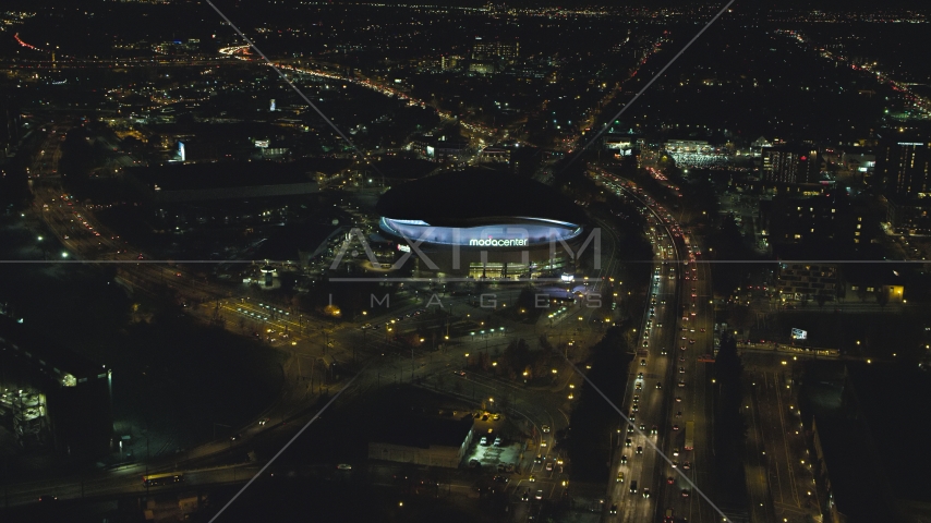 I-5 to Moda Center at night in Northeast Portland, Oregon Aerial Stock Photo AX155_421.0000267F | Axiom Images