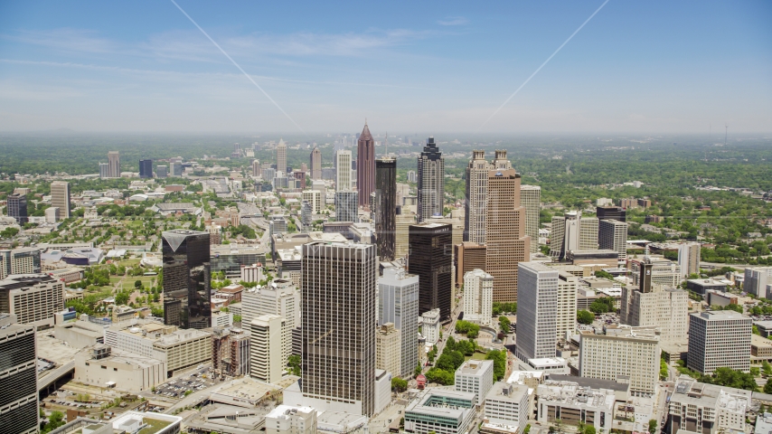 Downtown skyscrapers and Westin Peachtree Plaza Hotel, Atlanta, Georgia Aerial Stock Photos AX36_004.0000076F