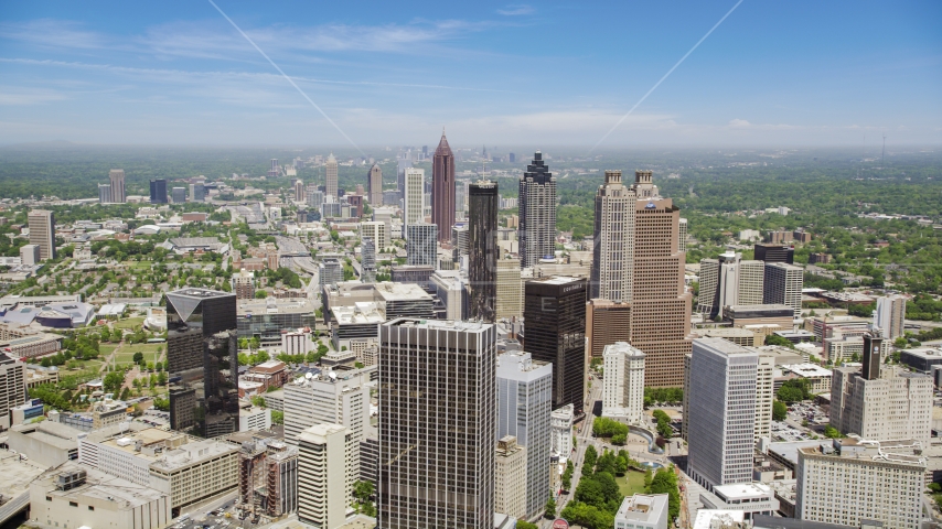 Downtown skyscrapers and Westin Peachtree Plaza Hotel, Atlanta, Georgia Aerial Stock Photos AX36_004.0000190F