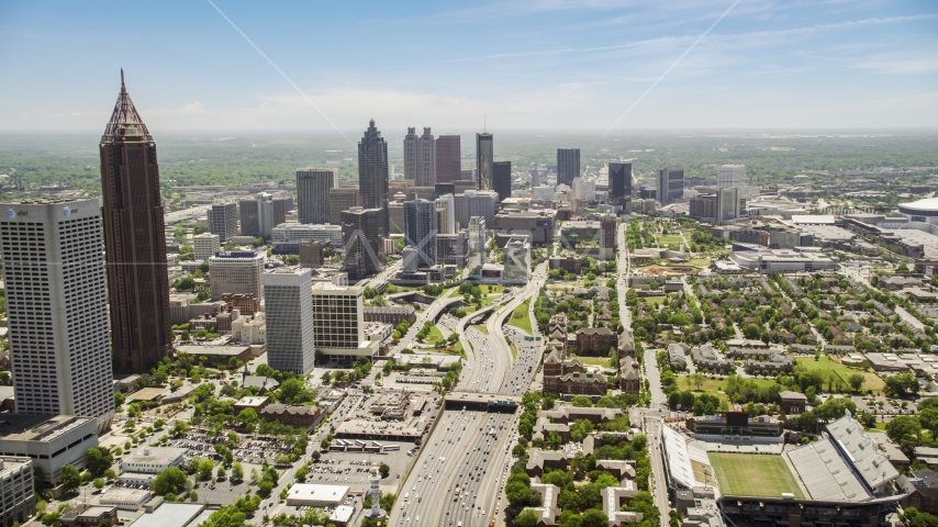 Downtown Connector traffic, skyscrapers, Atlanta, Georgia Aerial Stock Photo AX36_019.0000117F | Axiom Images