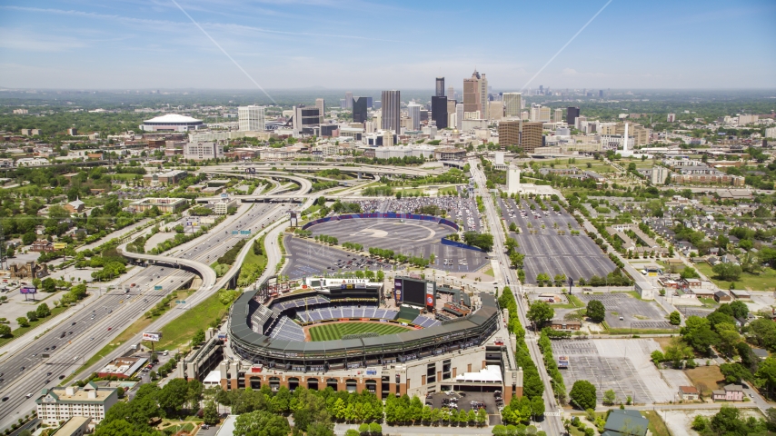 Turner Field and the skyline of Downtown Atlanta, Georgia Aerial Stock Photos AX36_033.0000053F