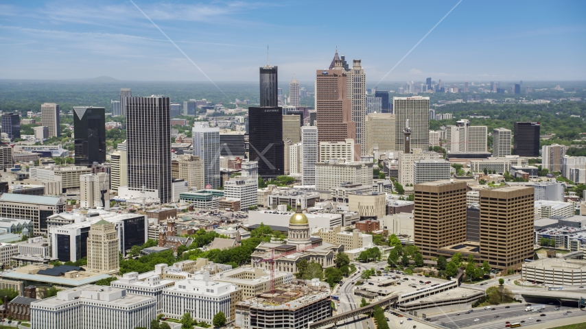 Skyscrapers behind the Georgia State Capitol in Downtown Atlanta, Georgia Aerial Stock Photos AX36_035.0000193F