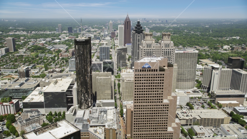 Georgia-Pacific Tower, Westin Peachtree Plaza Hotel, Downtown skyscrapers, Atlanta, Georgia Aerial Stock Photo AX36_038.0000305F | Axiom Images