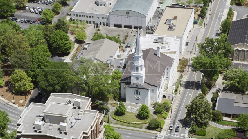 Church on corner on Peachtree Road and East Wesley, Buckhead, Georgia Aerial Stock Photo AX36_053.0000055F | Axiom Images