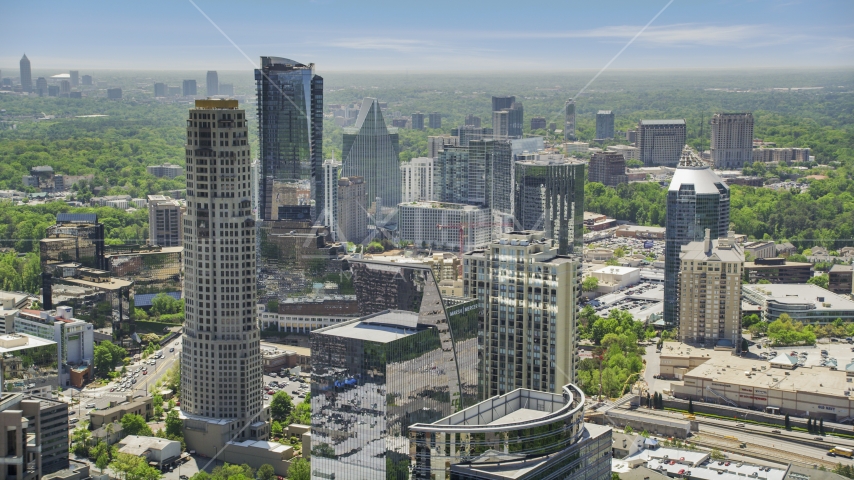 Skyscrapers and high-rises with hazy skies, Buckhead, Georgia Aerial Stock Photo AX36_074.0000189F | Axiom Images