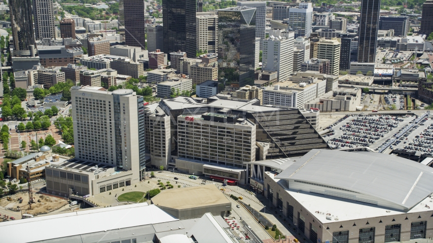 CNN Center and Omni Hotel, Downtown Atlanta, Georgia Aerial Stock Photo AX36_105.0000072F | Axiom Images