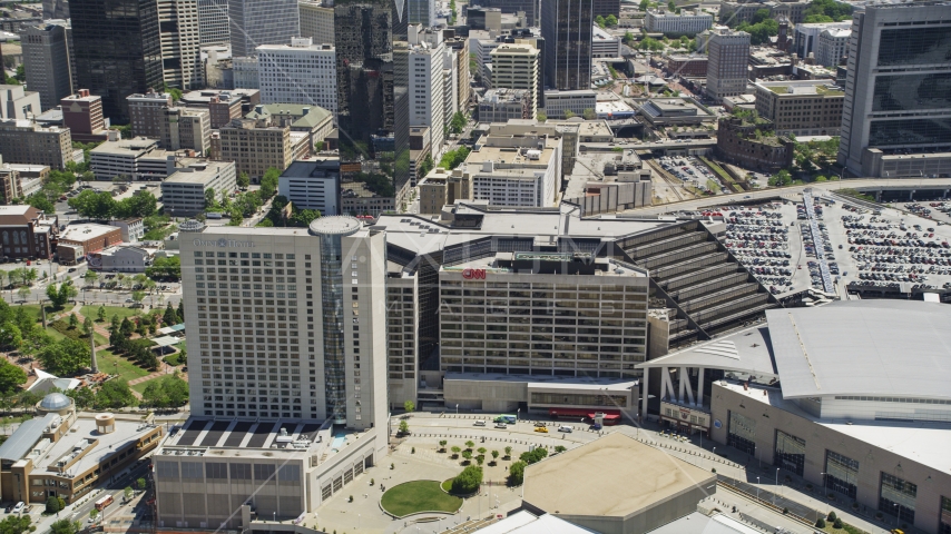 CNN Center and Omni Hotel, Downtown Atlanta, Georgia Aerial Stock Photo AX36_105.0000269F | Axiom Images