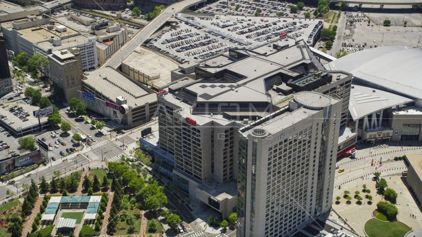 CNN Center, Downtown Atlanta, Georgia Aerial Stock Photo AX36_106.0000126F | Axiom Images